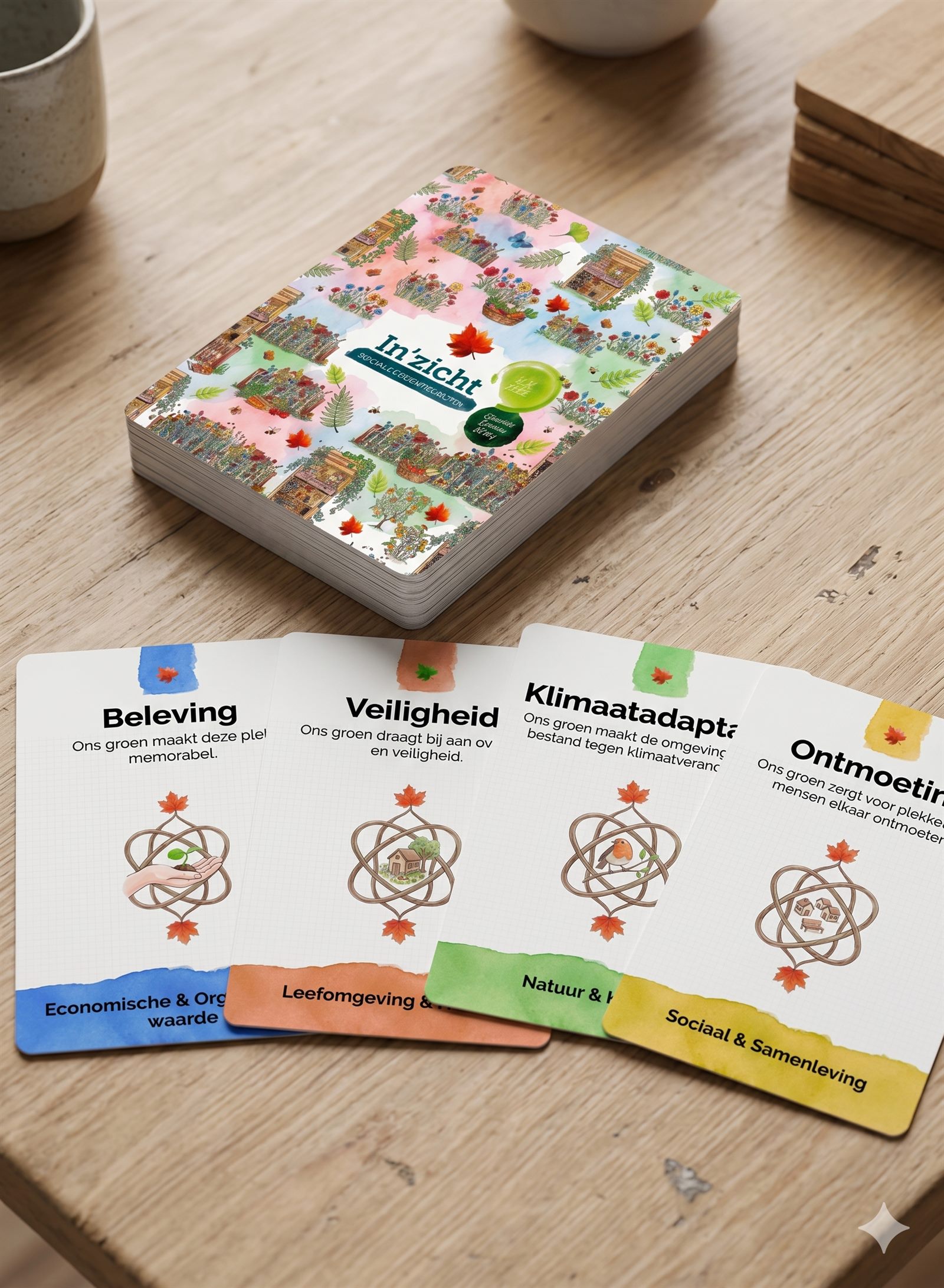 Het kaartspel van In’zicht op tafel: een stapel Impact- en Ontwikkelkaarten met zichtbare kaarten over beleving, veiligheid, klimaatadaptatie en ontmoeting.