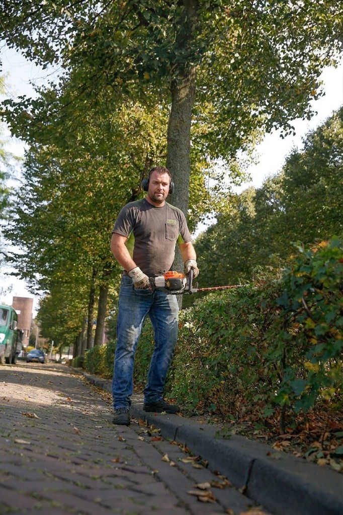 Vakman aan het werk bij het snoeien van groen in de buitenruimte